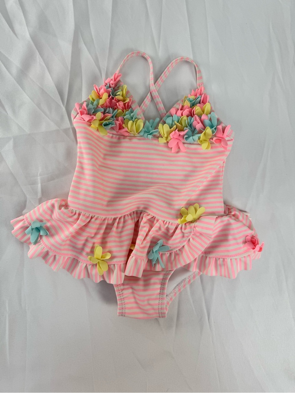 Pink Striped Floral Appliqué Girls One-Piece Swimsuit